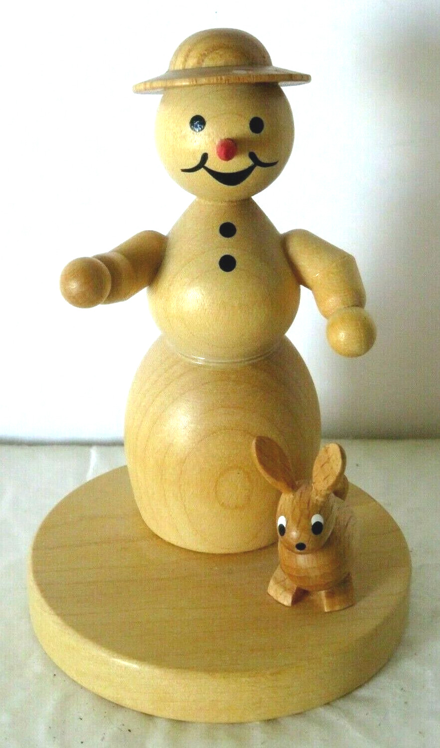 Erzebirge Smiling Snowman with Bunny Rabbit Wood German Figurine 4\