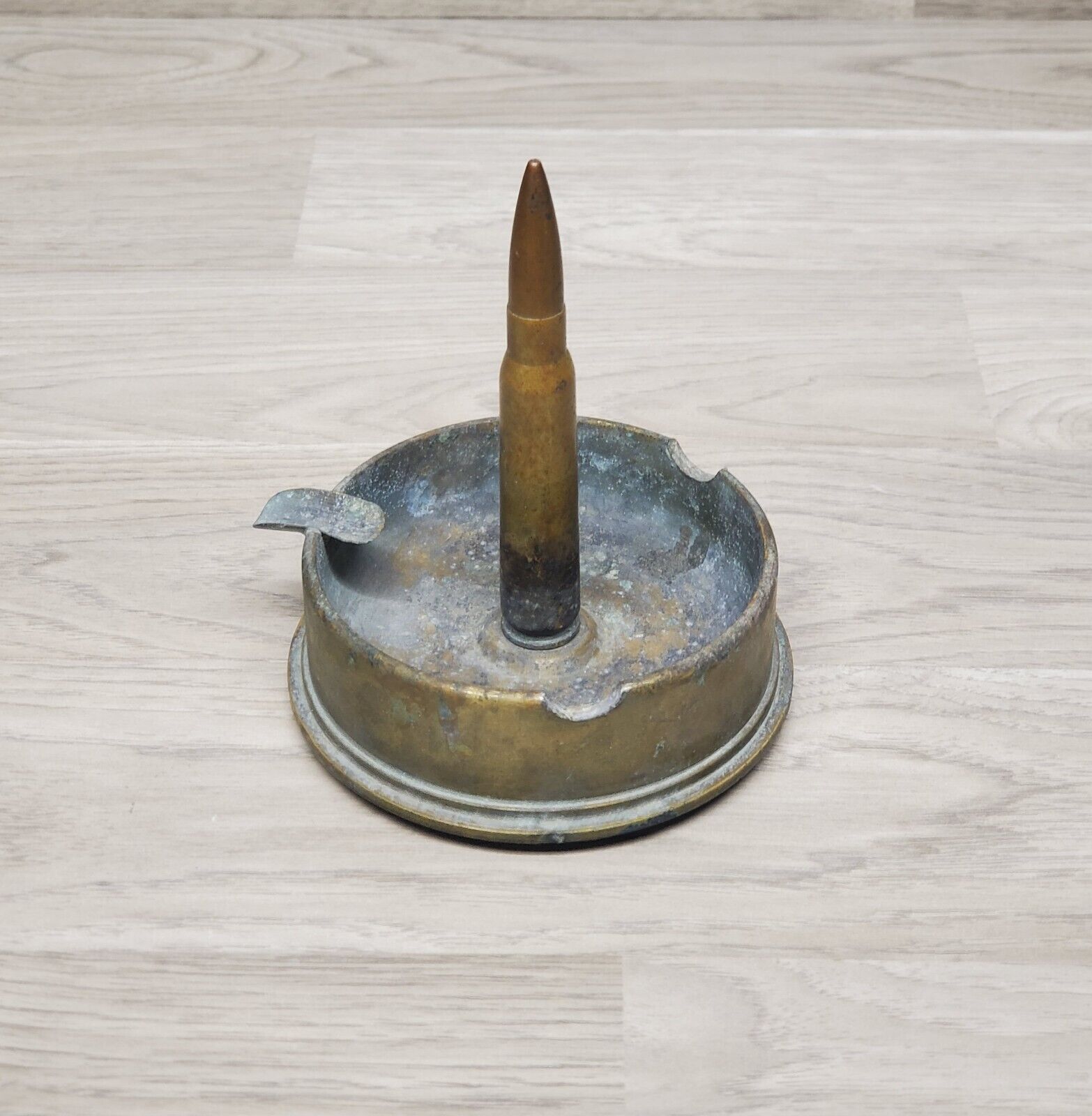 VTG WWII Trench Art Ashtray Brass Shell Cork Feet 5\