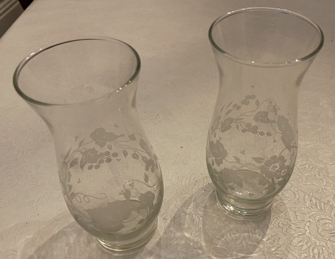 2 Libbey Glass Vase Frosted Etched Leaf Design 6.5” Hurricane Shape