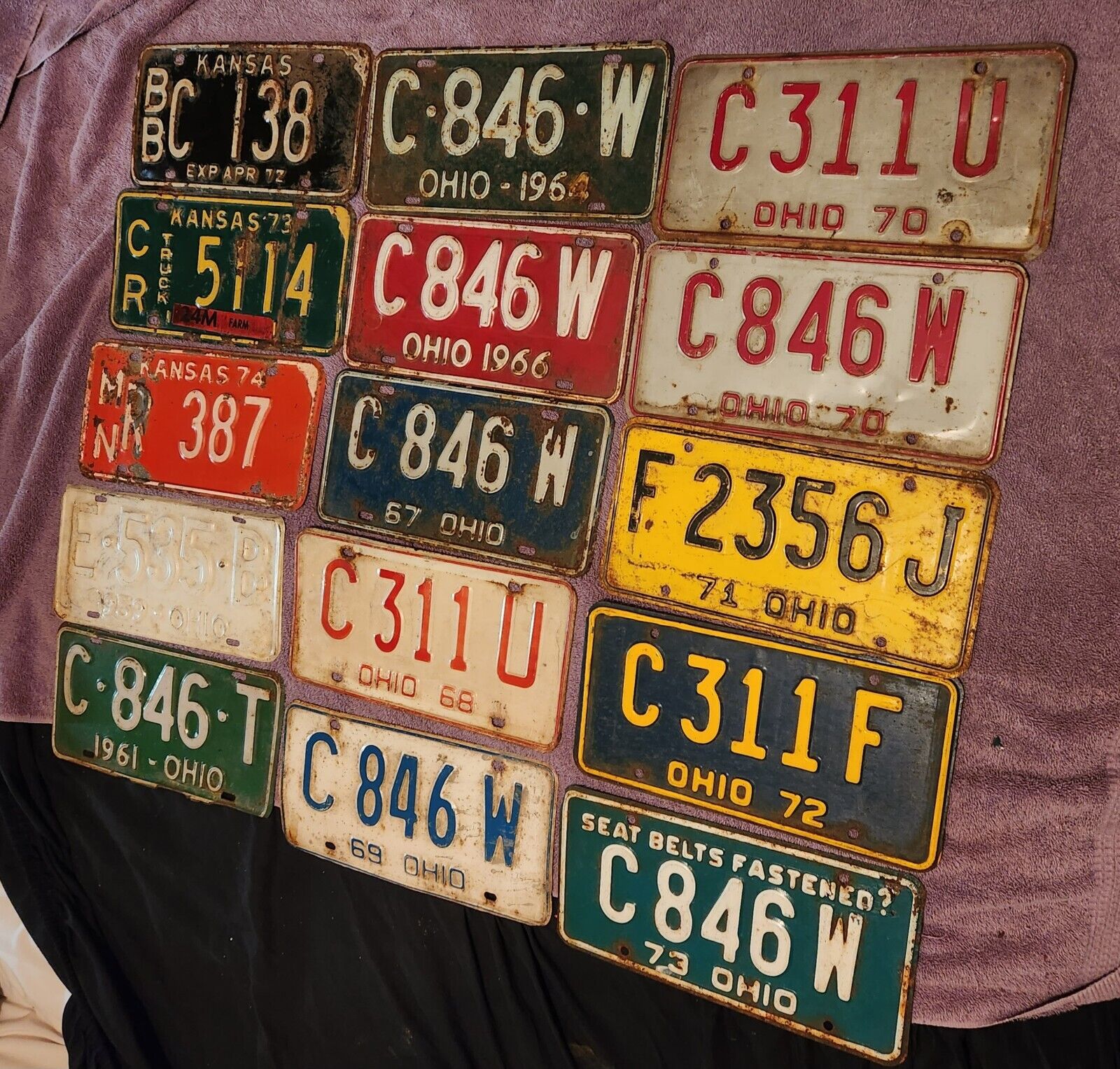 15 lot License VINTAGE Single Plates 1959 1960s 1970s OHIO CRAFT Color Kansas 