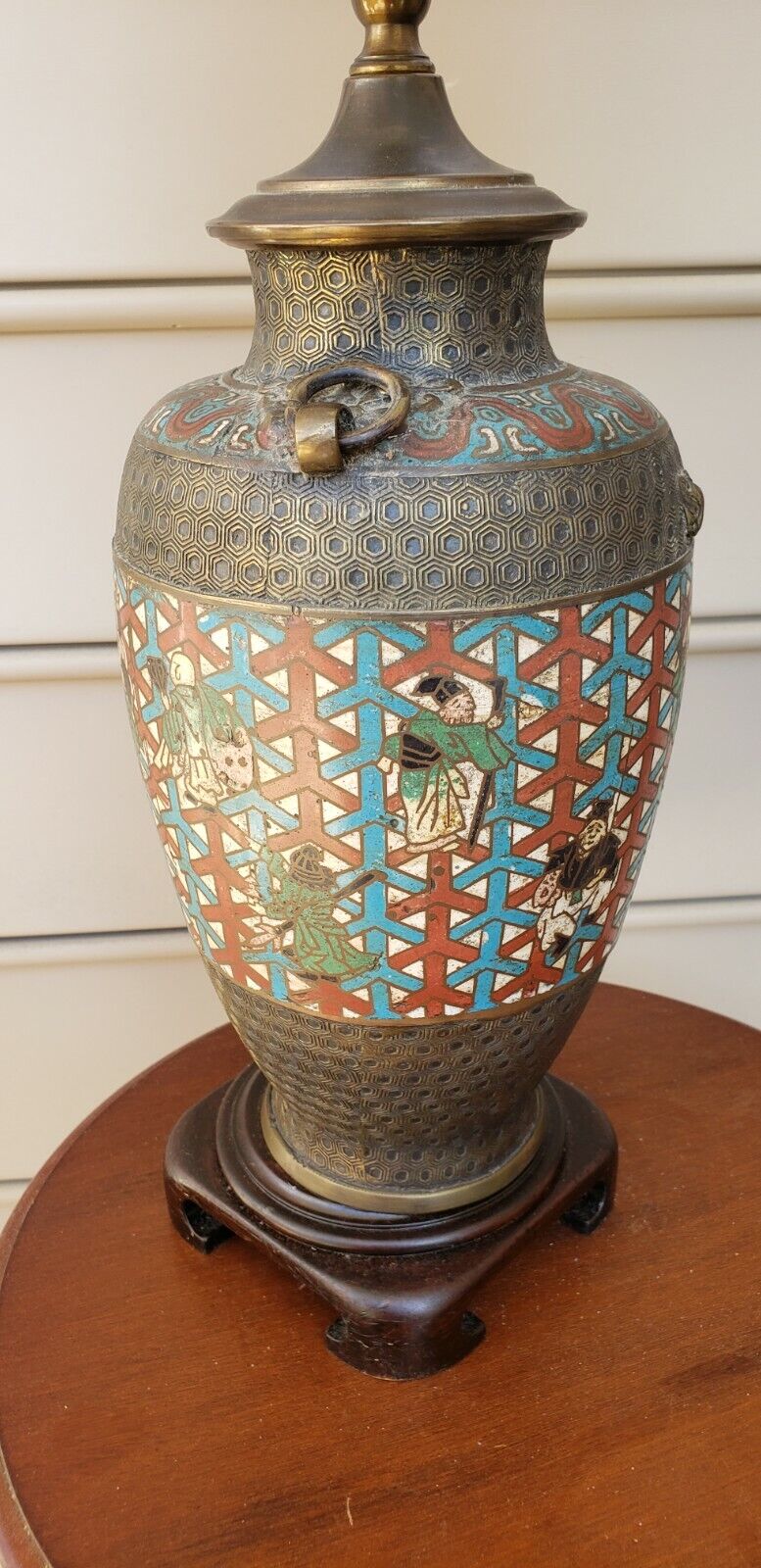 Immortals Antique Lamp Vase Meiji Champleve Archaic Motif Enamel, Cloisonne