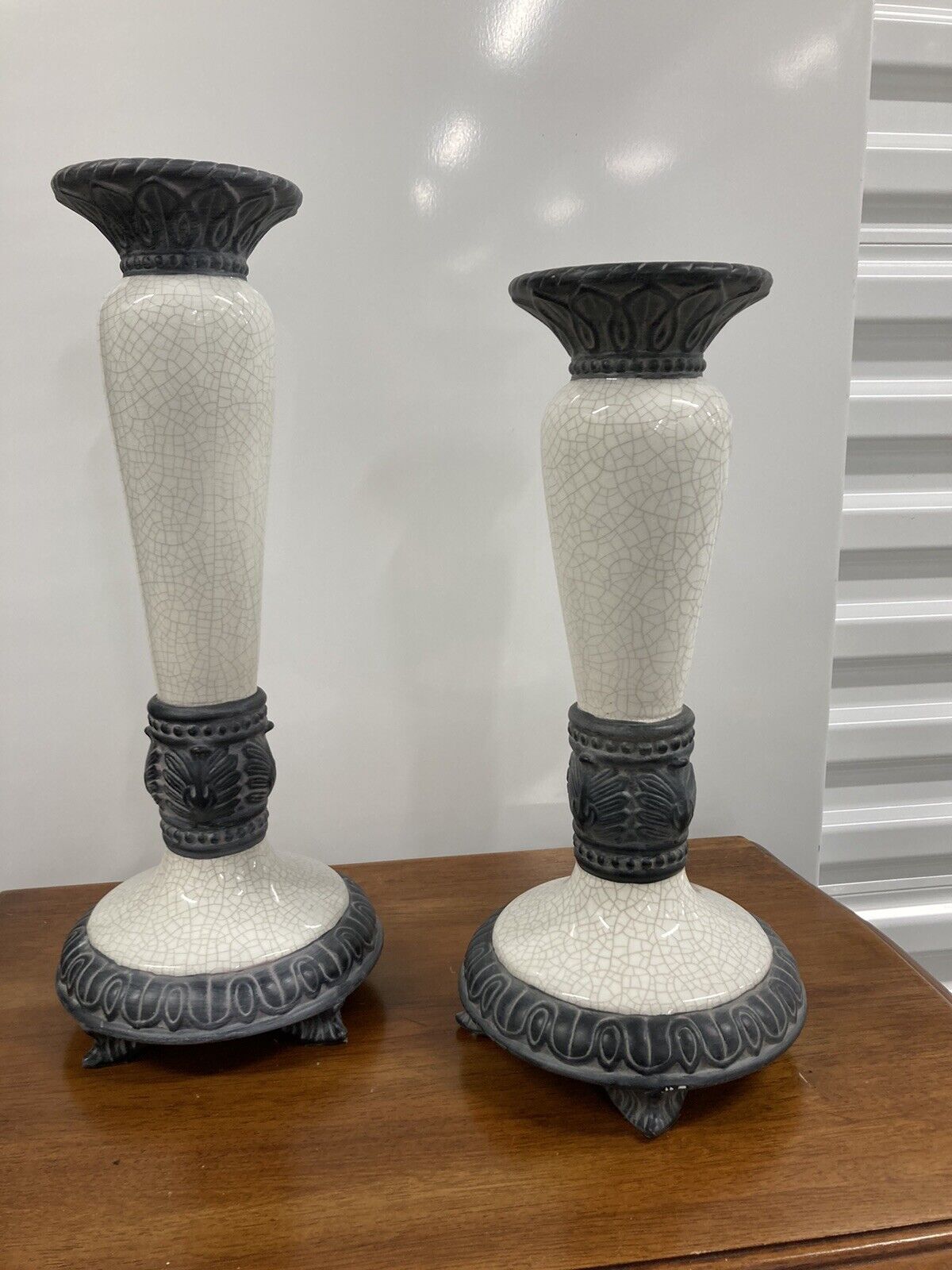 Vintage Fitz and Floyd White Crackle Candle Pillars. Set Of 2.