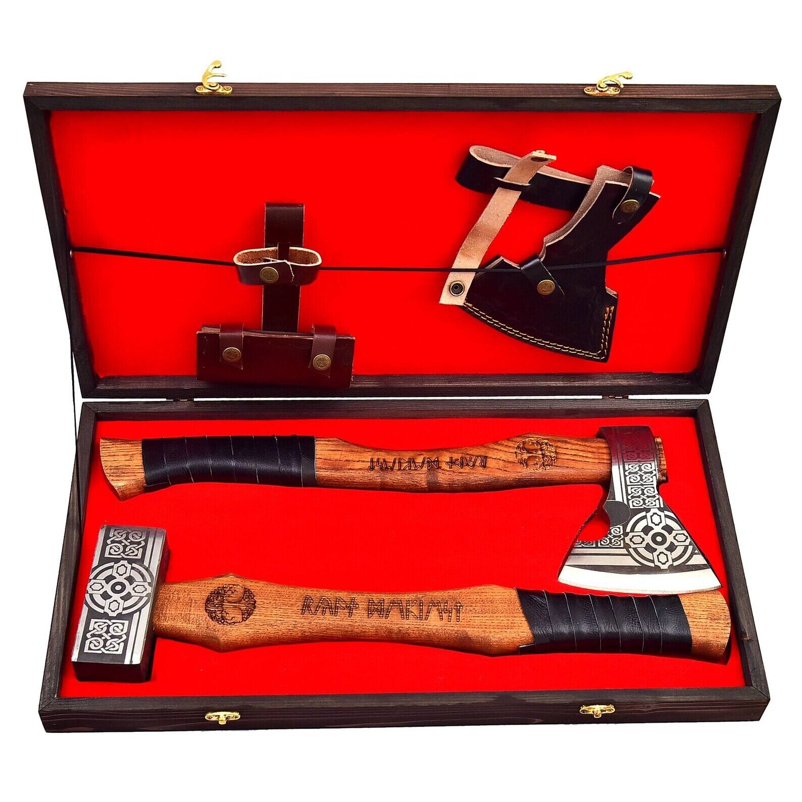 2pcs Set - Viking Axe  Viking Hammer, Mjolnir Hammer, Hand Forged with wood box
