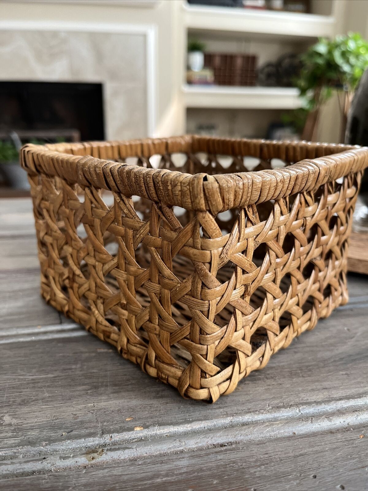 Vintage MIDCENTURY cane wicker small square basket - boho decor storage