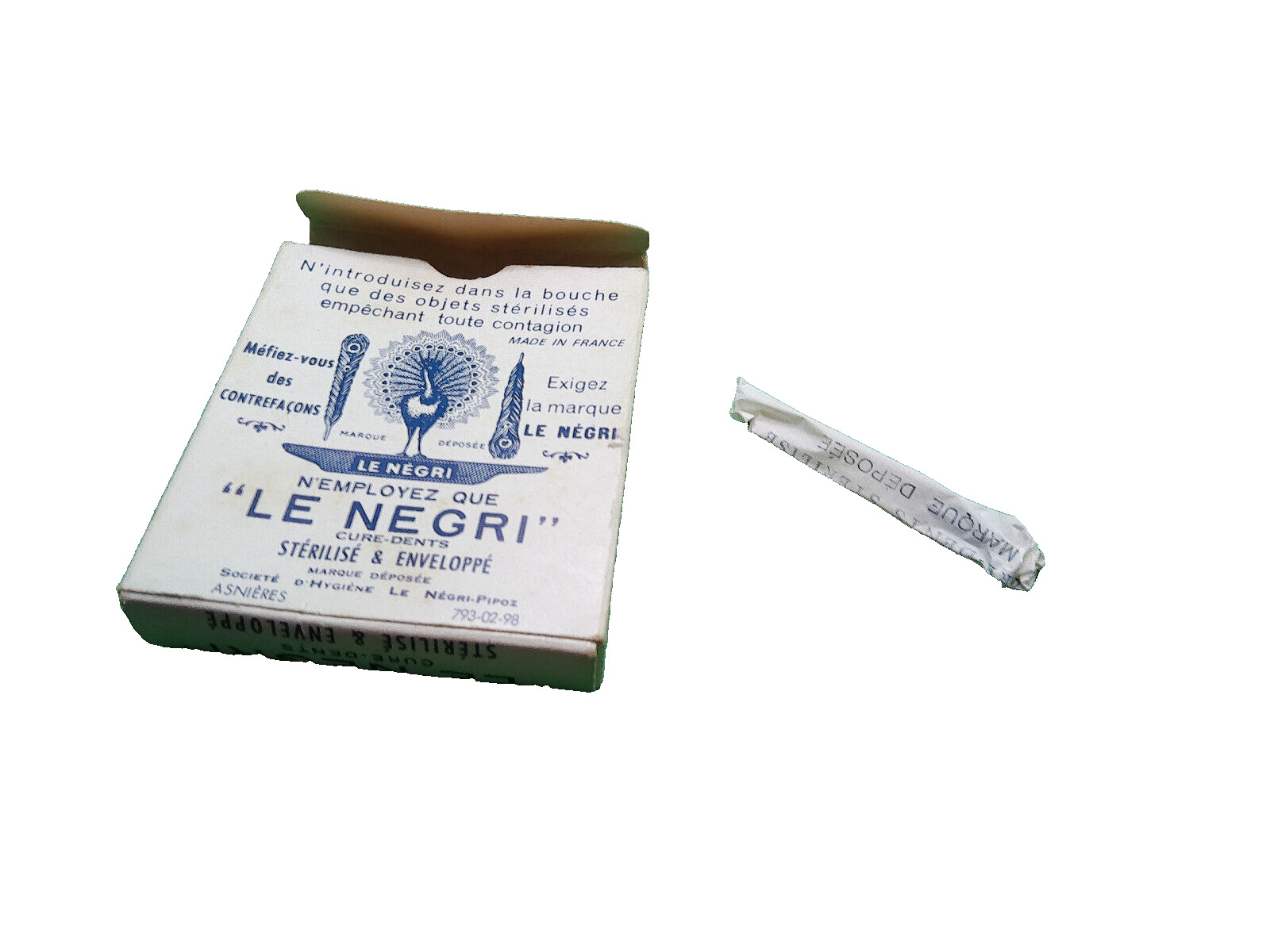 Le Negri toothpicks NOS sealed vintage set w box France Peacock on box