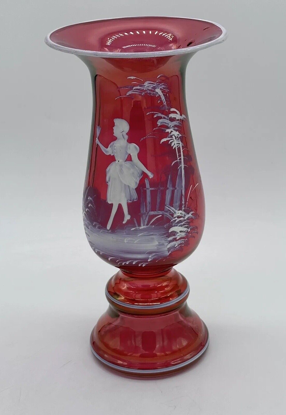 Mary Gregory Victorian Style Cranberry White Enamel Glass Girl W/ Flower Vase