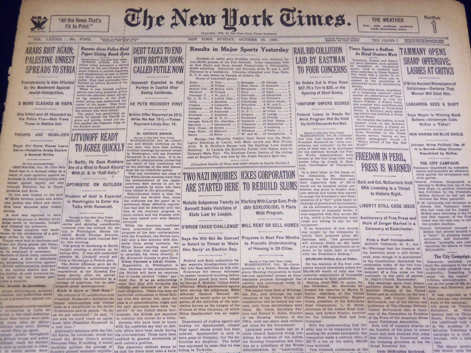1933 OCTOBER 29 NEW YORK TIMES - NAZI INQUIRIES STARTED HERE - NT 3882