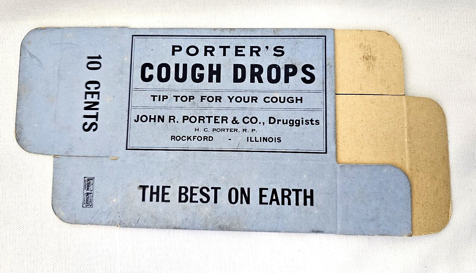 Porters Cough Drops Box John R Porter Druggist Rockford Illinois Antique 10 Cent