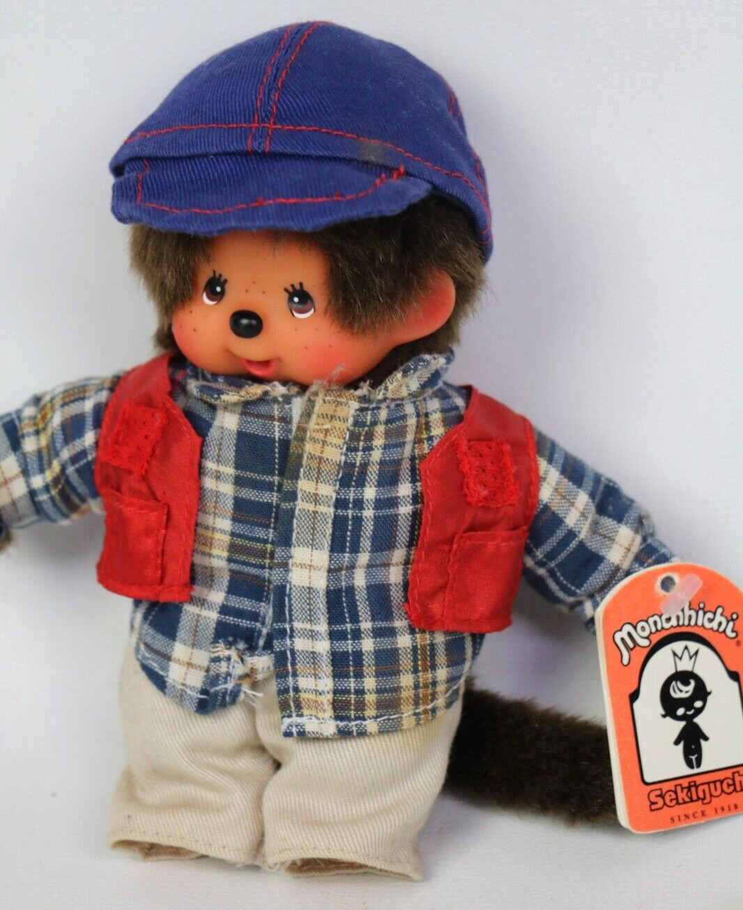Vintage Monchhichi Sekiguchi 1970s Figure Plush with Outfit & Hat, New with Tags