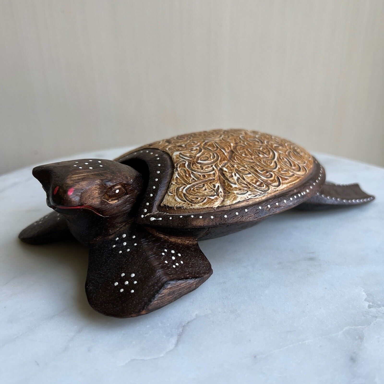 Vintage Carved Wood Turtle Hand Painted Trinket Box Ash Tray