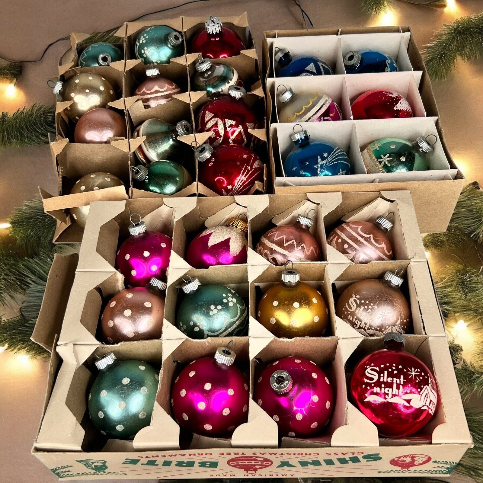 30 Vintage Shiny Brite Christmas Ornaments Stenciled Glass Mica Snowflake Sleigh