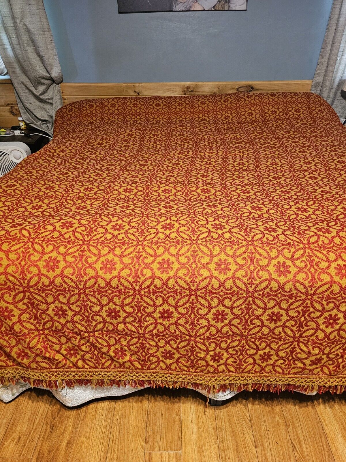 Vintage Retro Woven Bedspread Reddish Orange And Gold Tapestry Floral With...