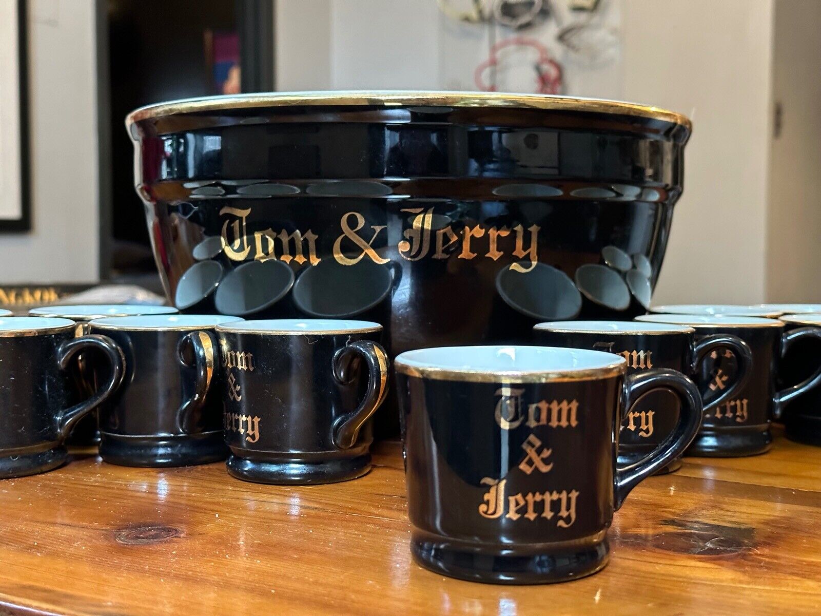 Vintage HALL Tom & Jerry Punch Bowl Set w/12 Mugs Black