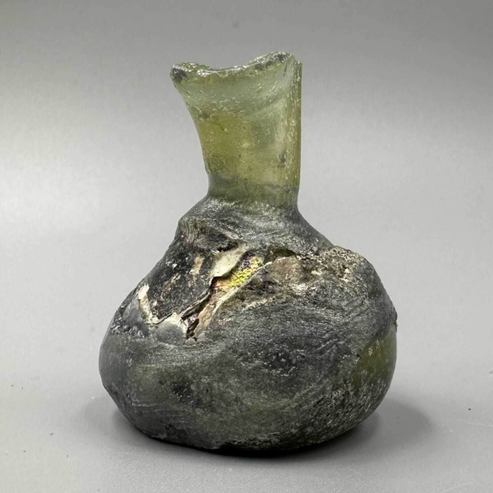 Very Rare Shape Ancient Roman Glass Bottle With Stunning Patina