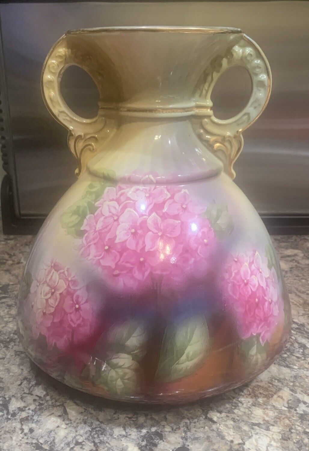 Antique Hand Painted Royal Bonn Germany Double Handle Vase With Pink Hydrangeas