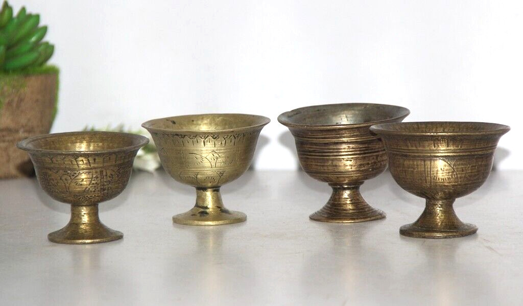 4PC Antique Brass Round Incense Wick Bowl Pot Original Old Hand Crafted Engraved