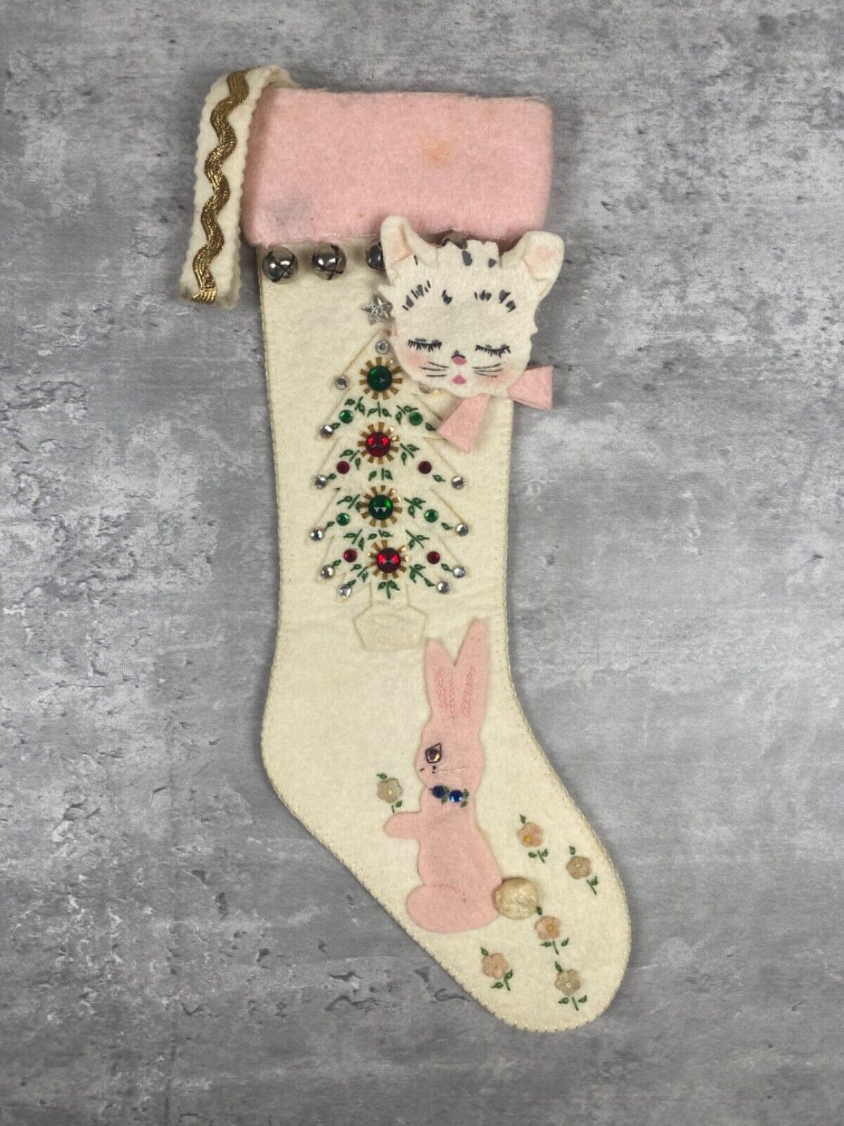 VTG 40s Christmas Stocking Felt Pink Bunny White Kitten Xmas Tree Bells MCM OOAK