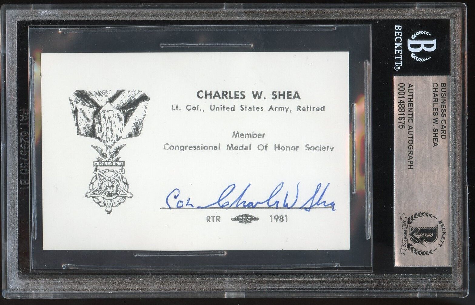 Charles W. Shea d1994 signed autograph Army WWII MOH Business Card BAS Slabbed