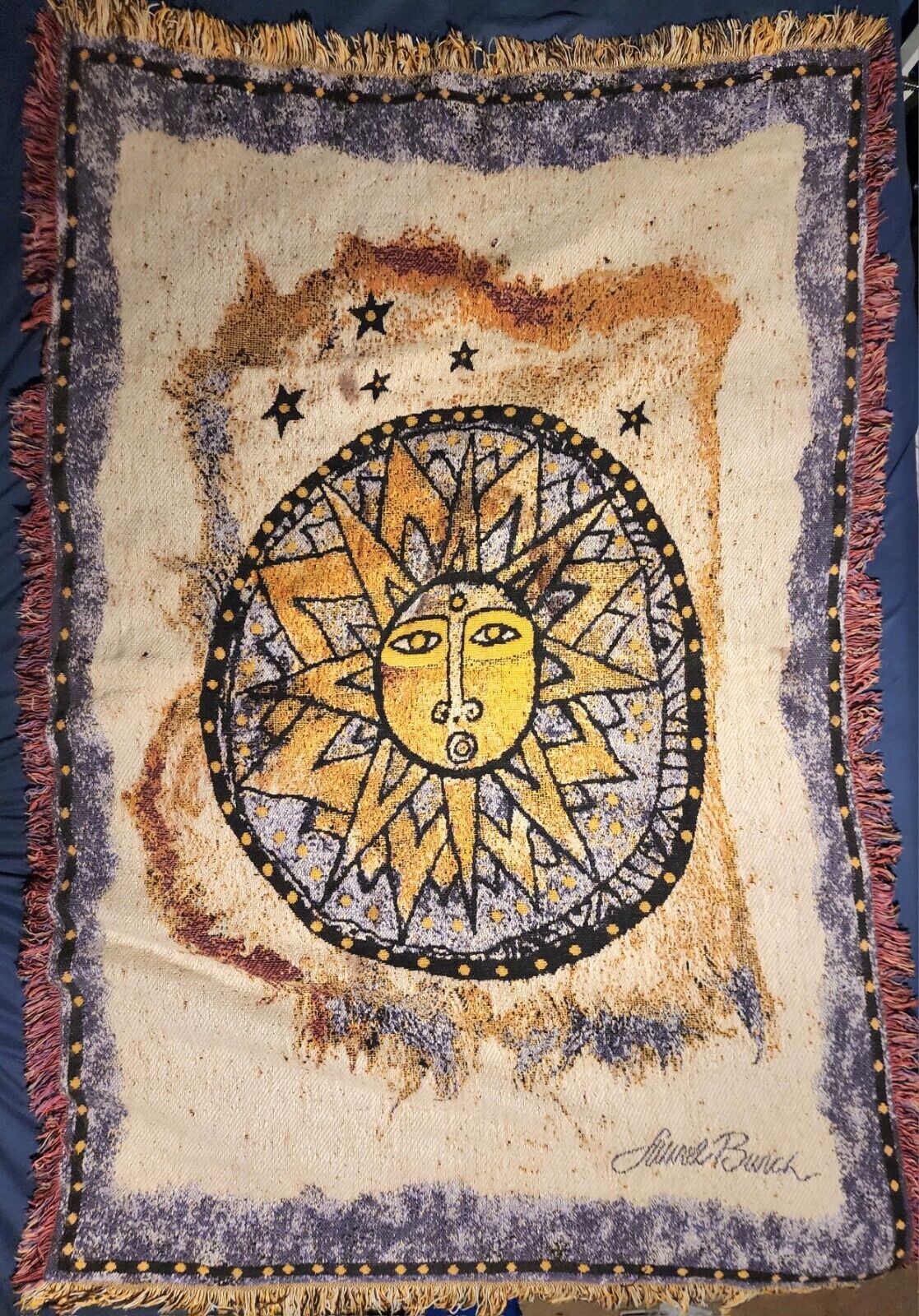 Vintage Laurel Burch Tapestry Throw Blanket Rug Sun Lion Sunshine 45x67