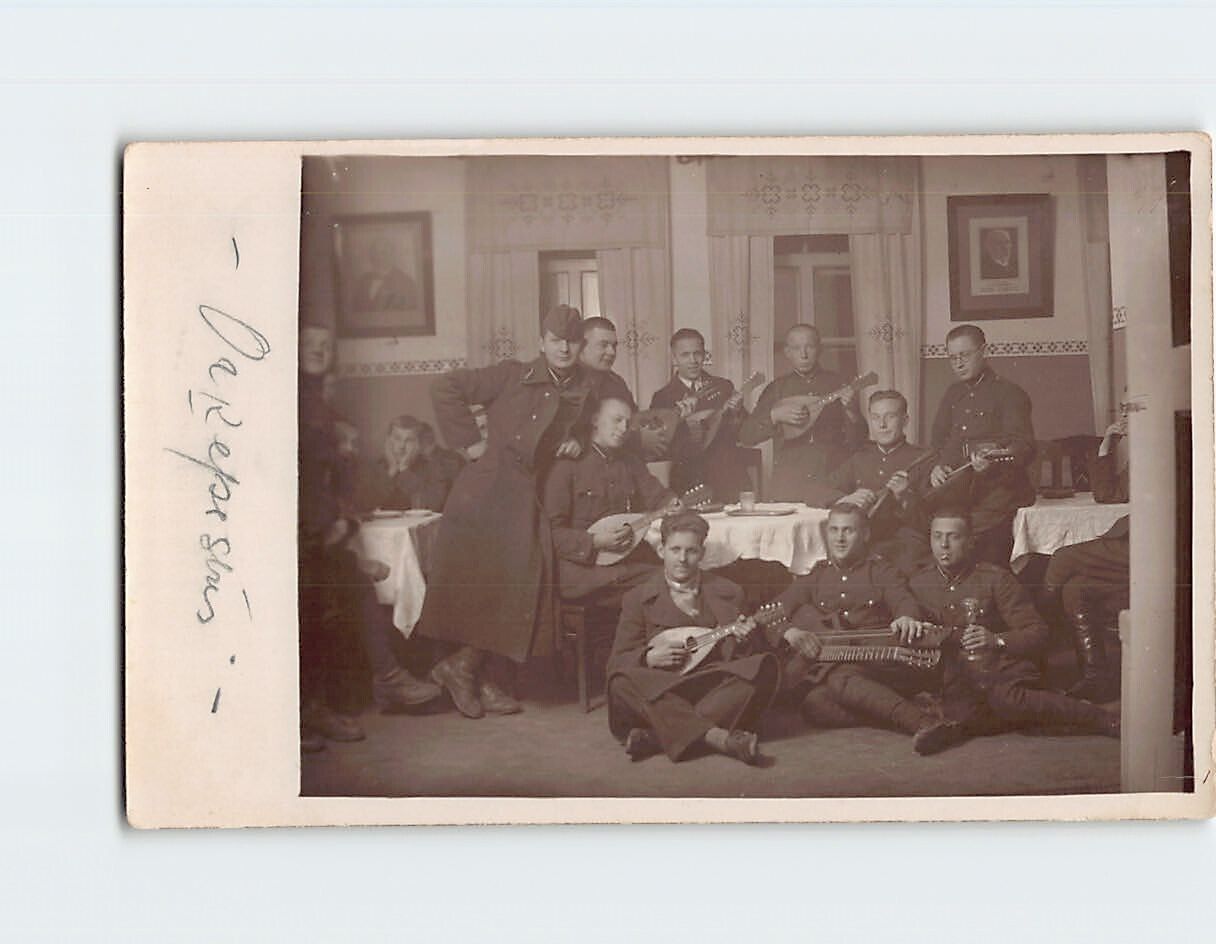 Postcard Vintage Group Photo of Men Playing Instruments