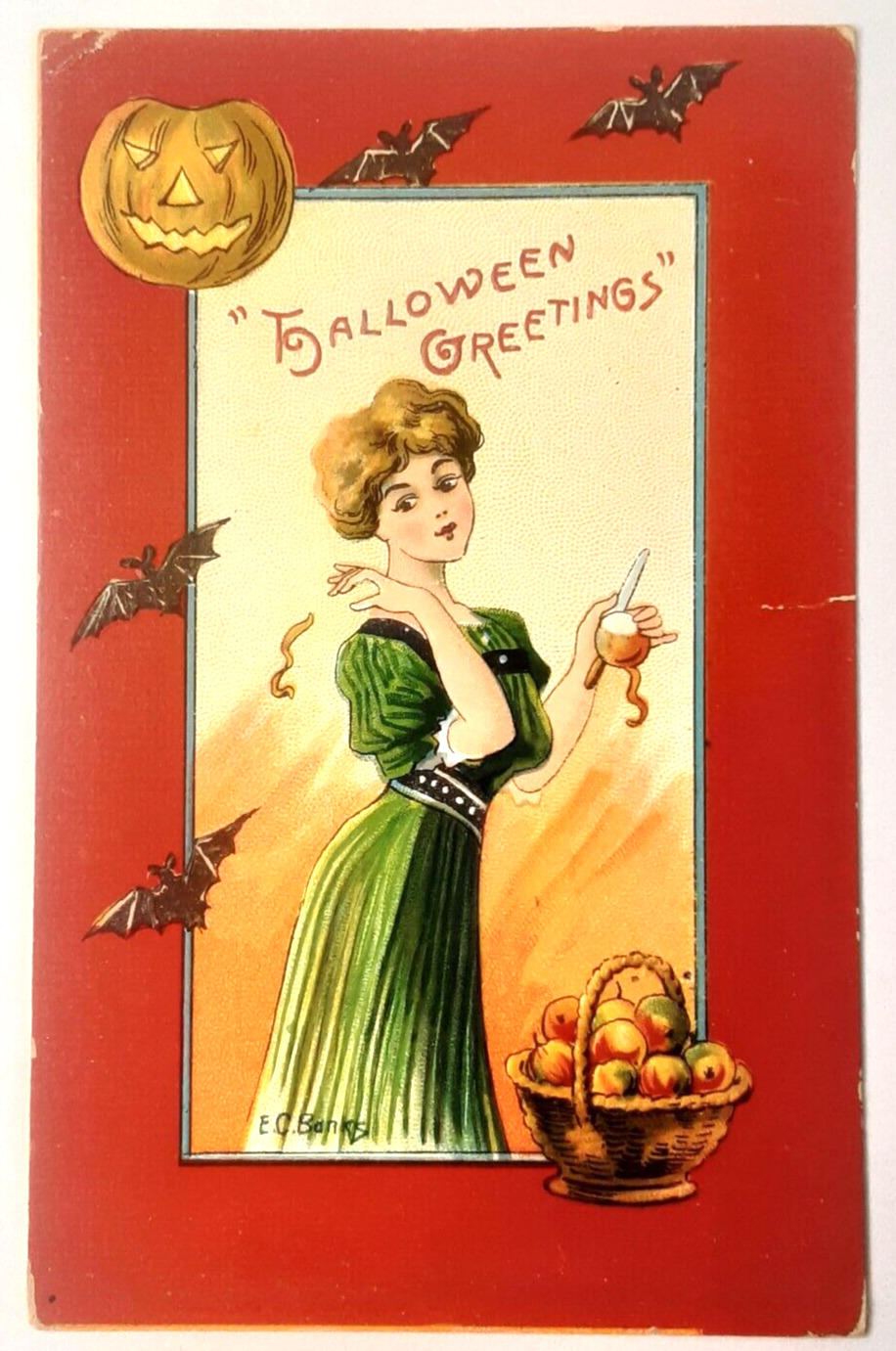 Halloween Post Card Jack O Lantern Bats Peeling Apples to Predict Her Spouse