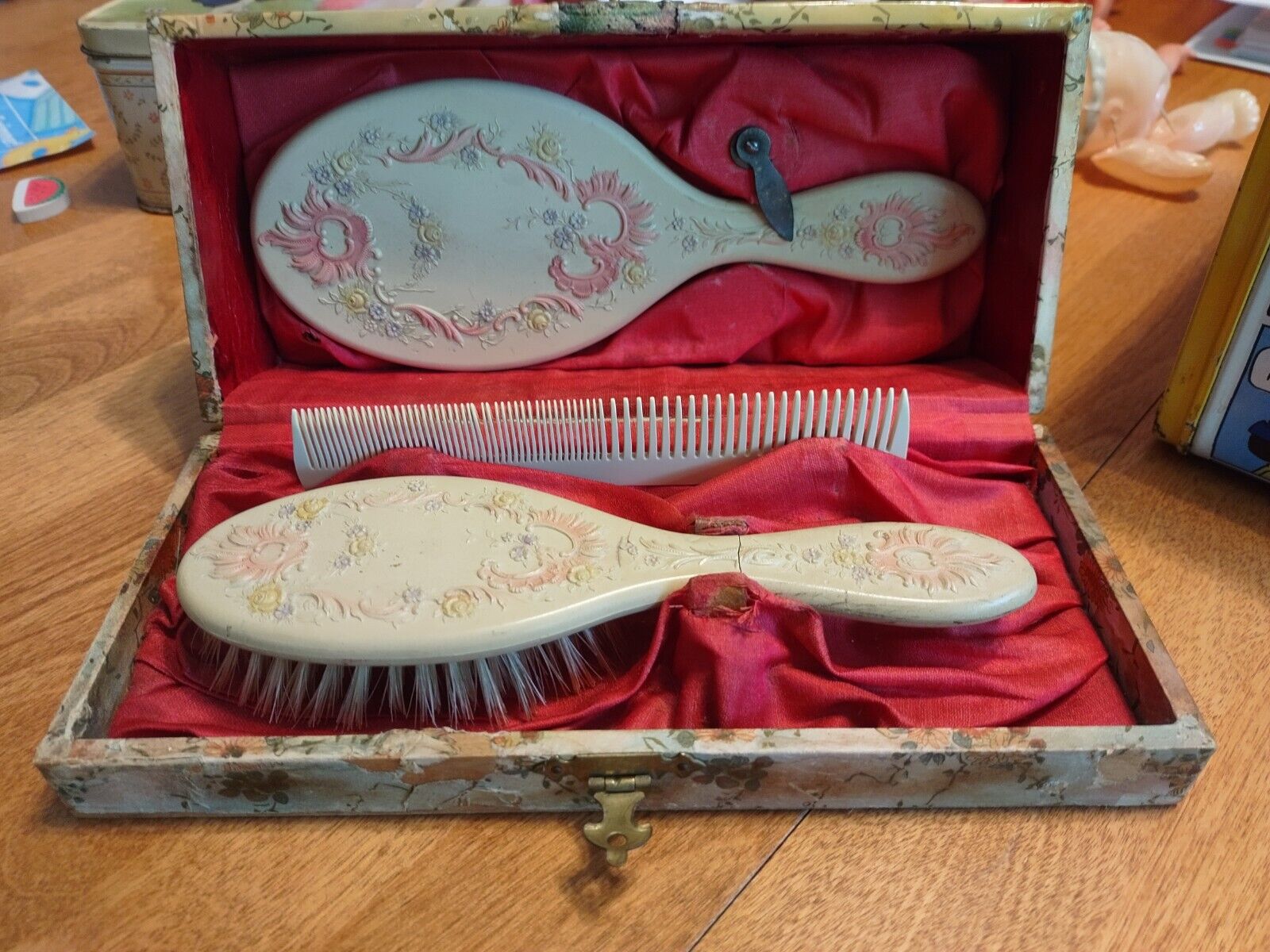 Antique Victorian French Ivory Vanity Set Brush Comb Mirror Case As Is