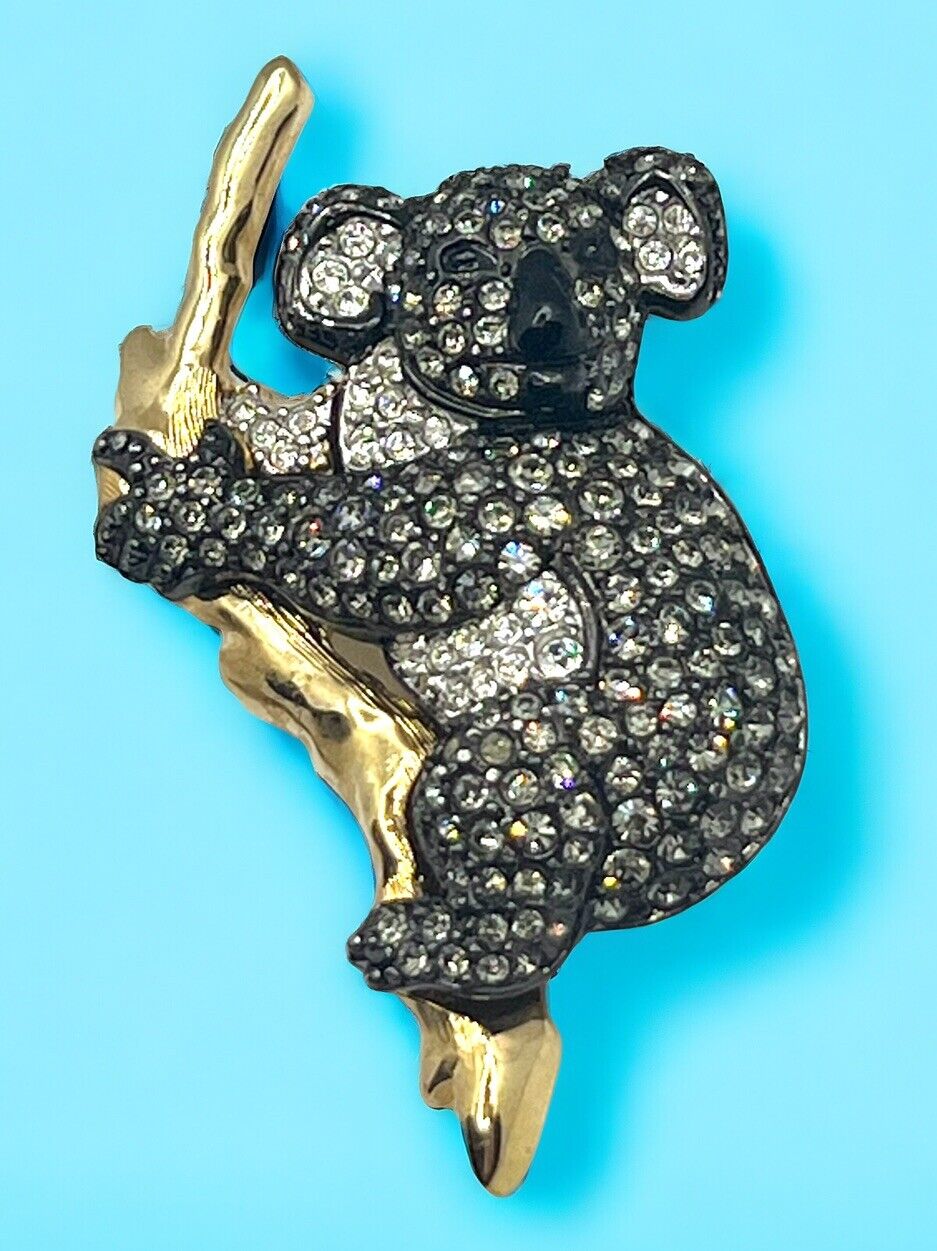 Signed SWAROVSKI Black & Clear Pave’ Crystal KOALA BEAR Brooch Pin  RETIRED