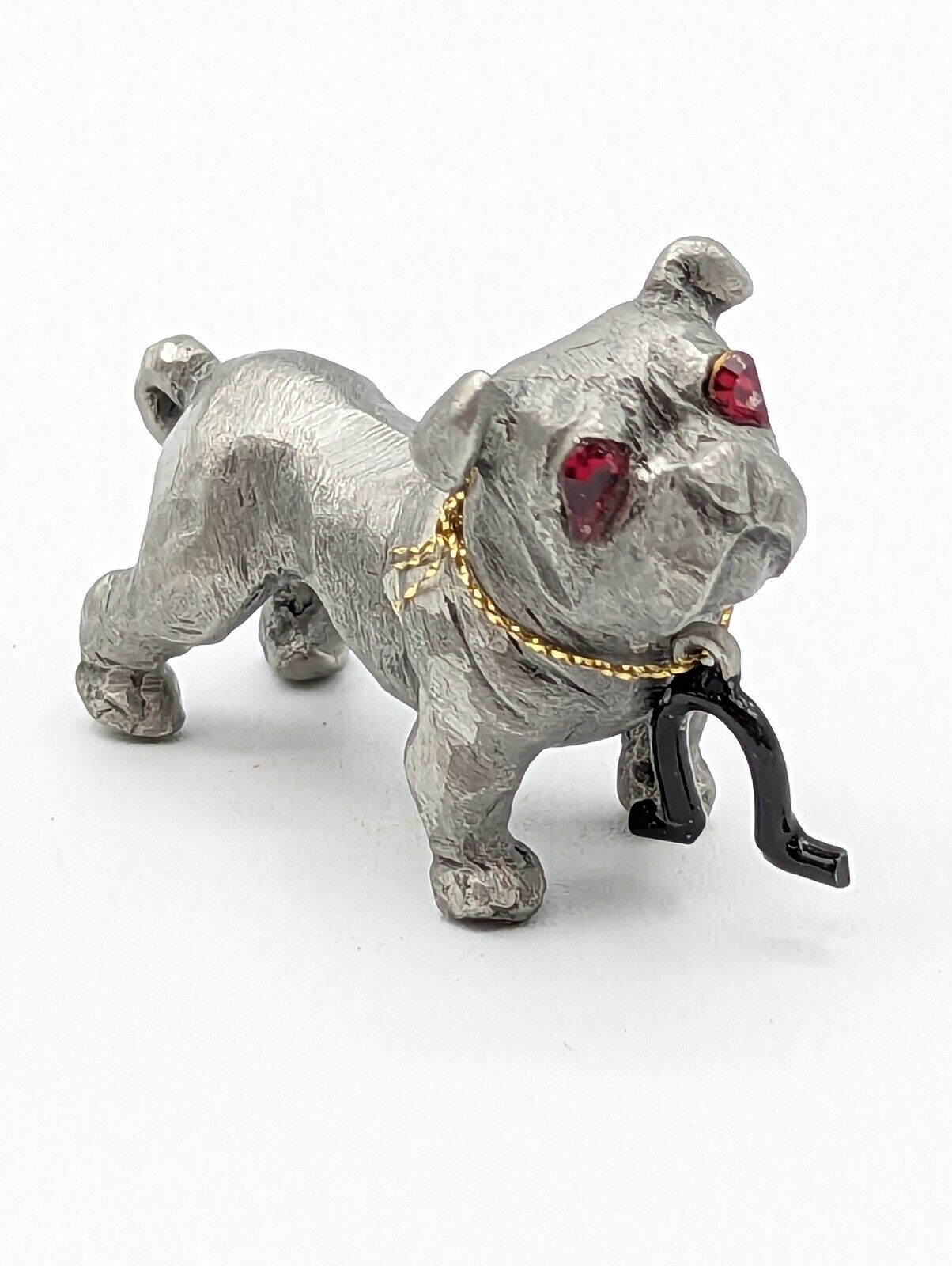 Vintage Cast Pewter Bulldog Figurine with Red Glass Eyes & Wishbone 1976 Signed