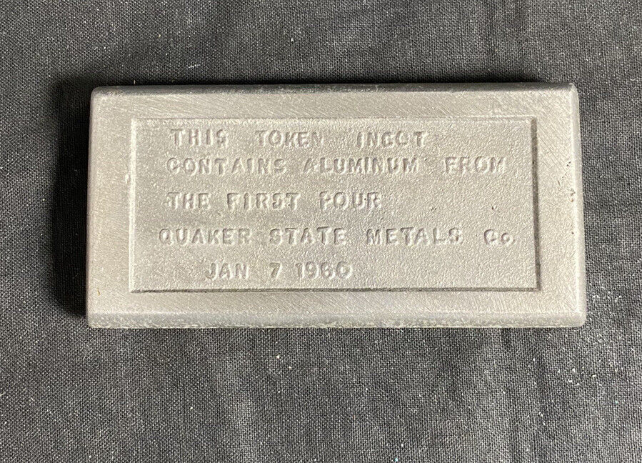 Vtg RARE Quaker State Metals Company FIRST POUR 1960 Aluminum Ingot Lancaster PA