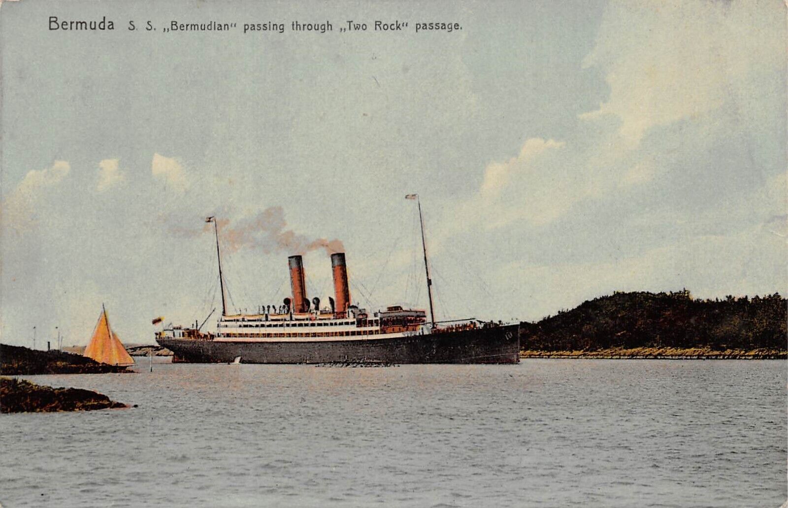 Bermuda S. S. Bermudian Steamship Passing Through Two Rock Passage 1911 Postcard