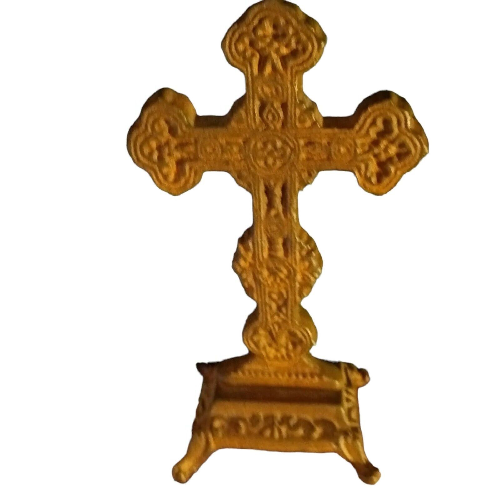 Vintage~Cast Iron Rust Color, Paintable ~Cross~Religion~Stand Base 8.5\