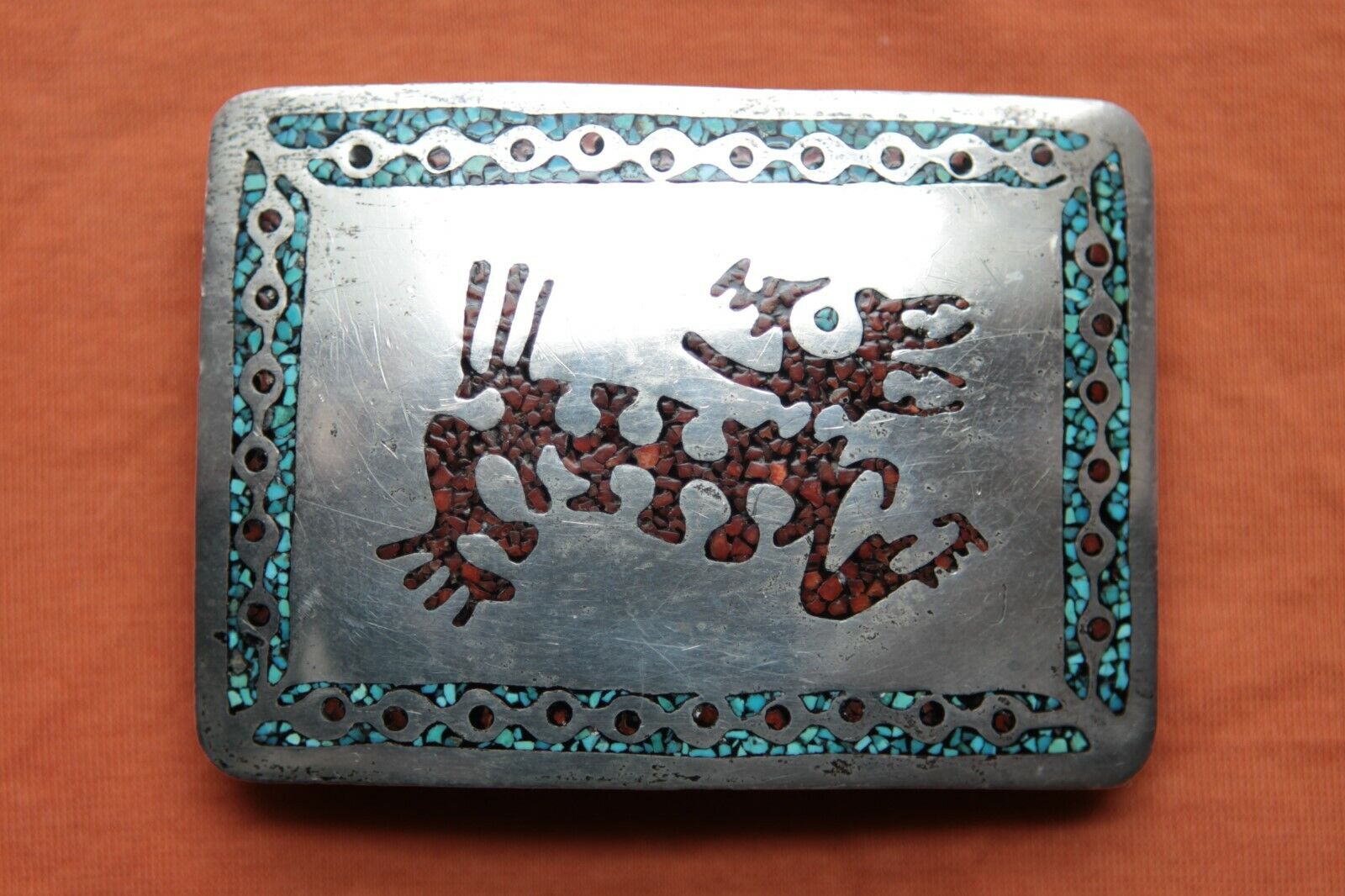 Vintage Hand Made Turquoise Coral Skeleton Inlay Belt Buckle
