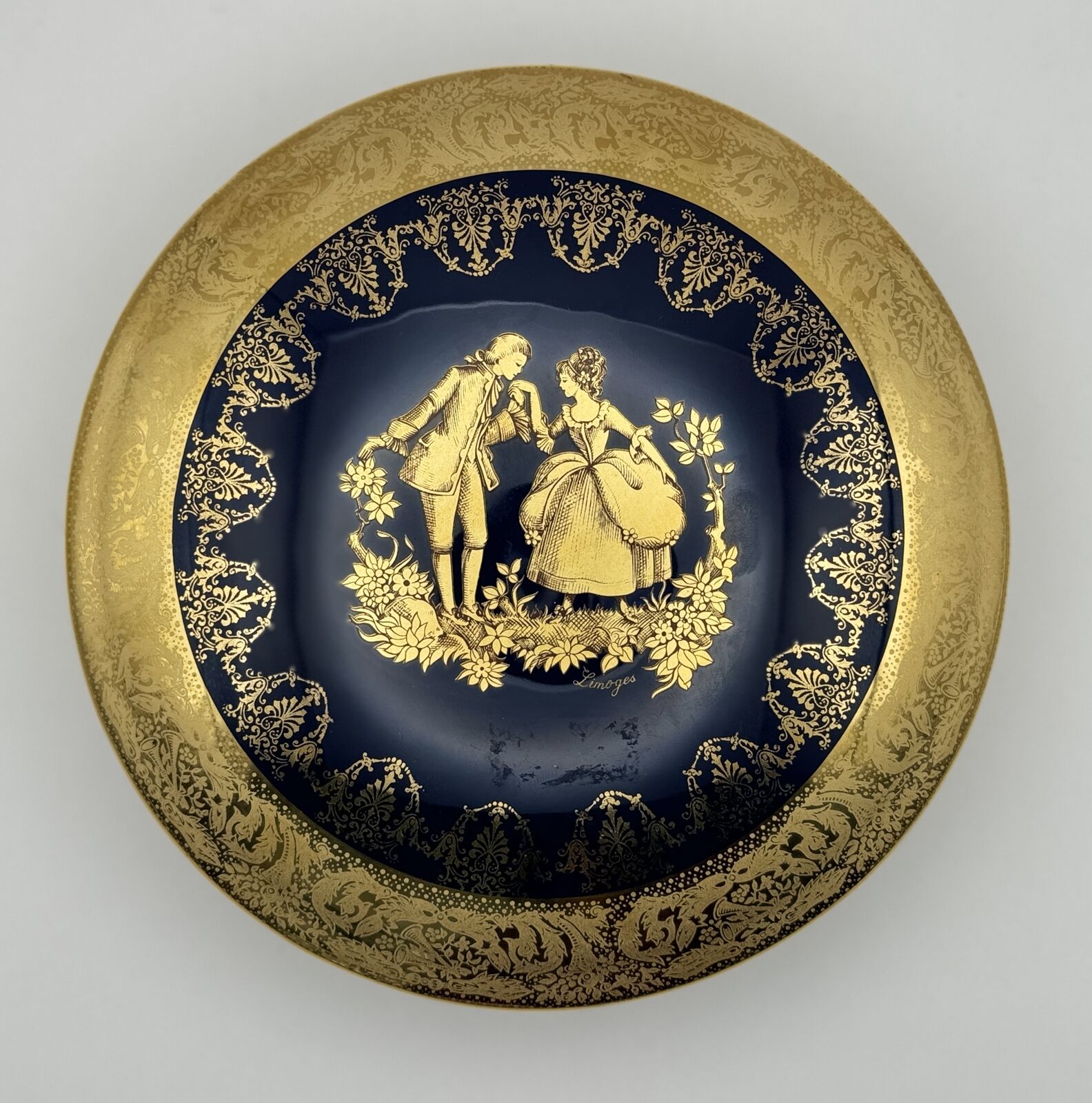 Exquisite Limoges France Porcelain Trinket Box with Gold and Blue Design