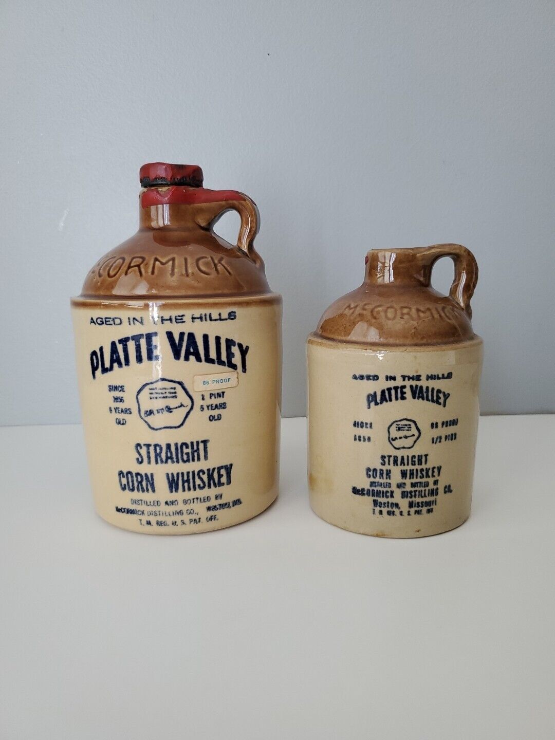 McCormick Vintage Set of 2 Platte Valley Straight Corn Whiskey Decanters Jugs
