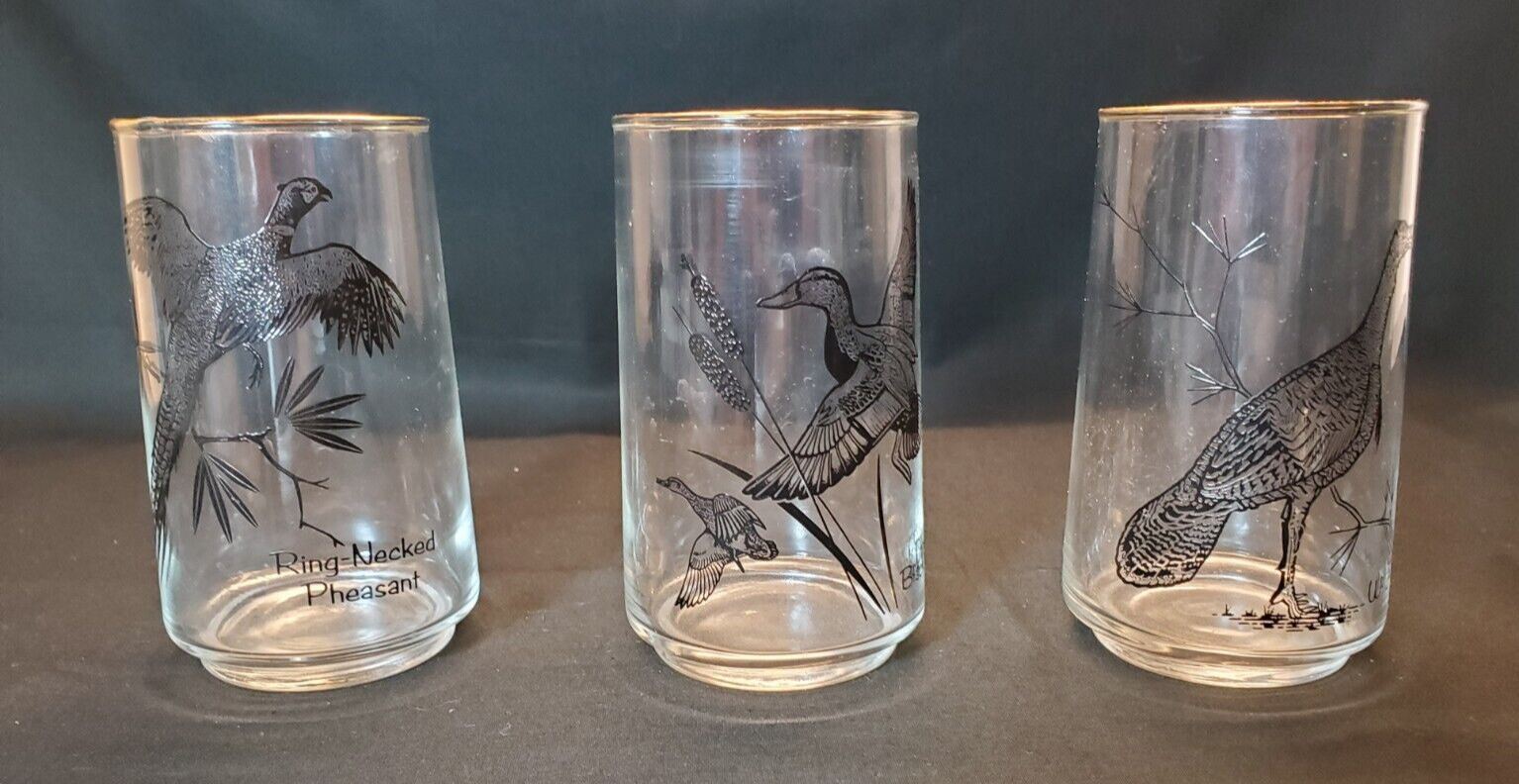 Vintage MCM Set of 3 Game Bird Wildlife Highball Glasses Duck Pheasant Gold Rim