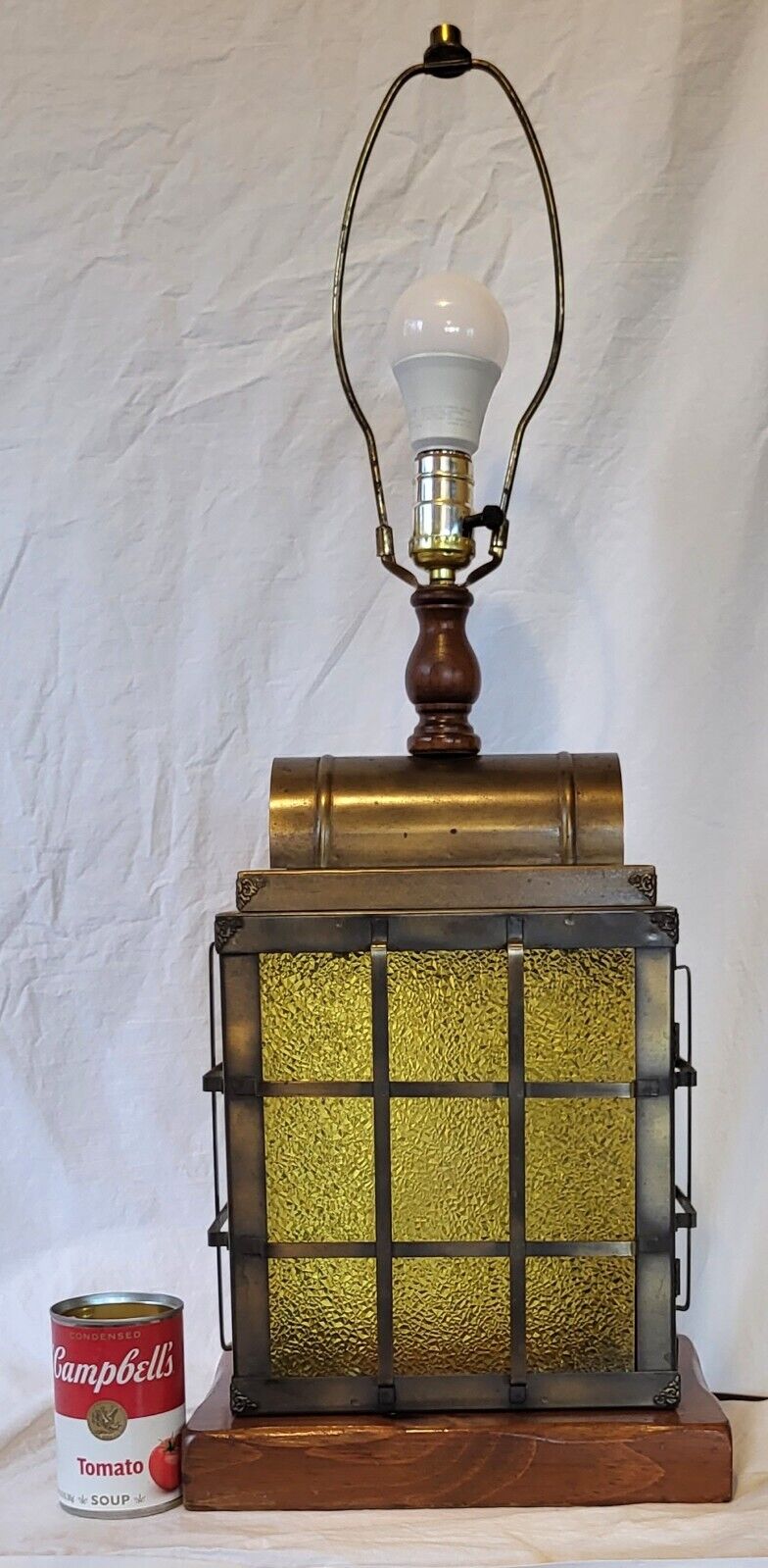 Vtg Maritime Nautical Style Lantern Table Lamp 3-Way Light Bronze Amber Panels 