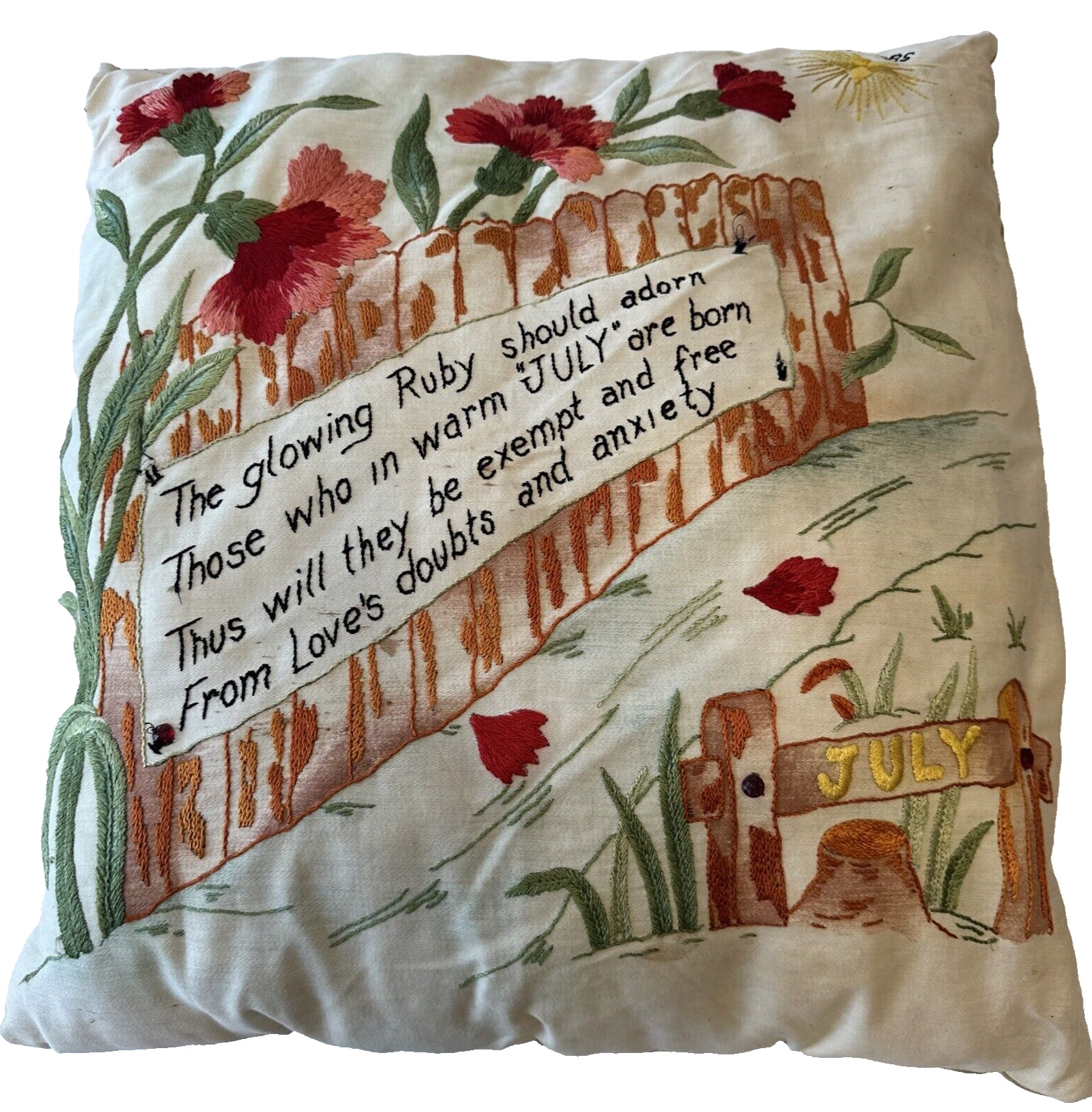 Antique Embroidered Society Silk Pillow Art Nouveau Flowers July Theme Poem