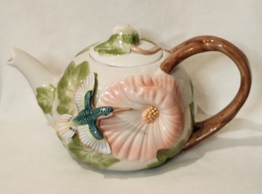 Fitz and Floyd 48oz Hummingbird & Floral Hibiscus Ceramic Teapot 1987 FF
