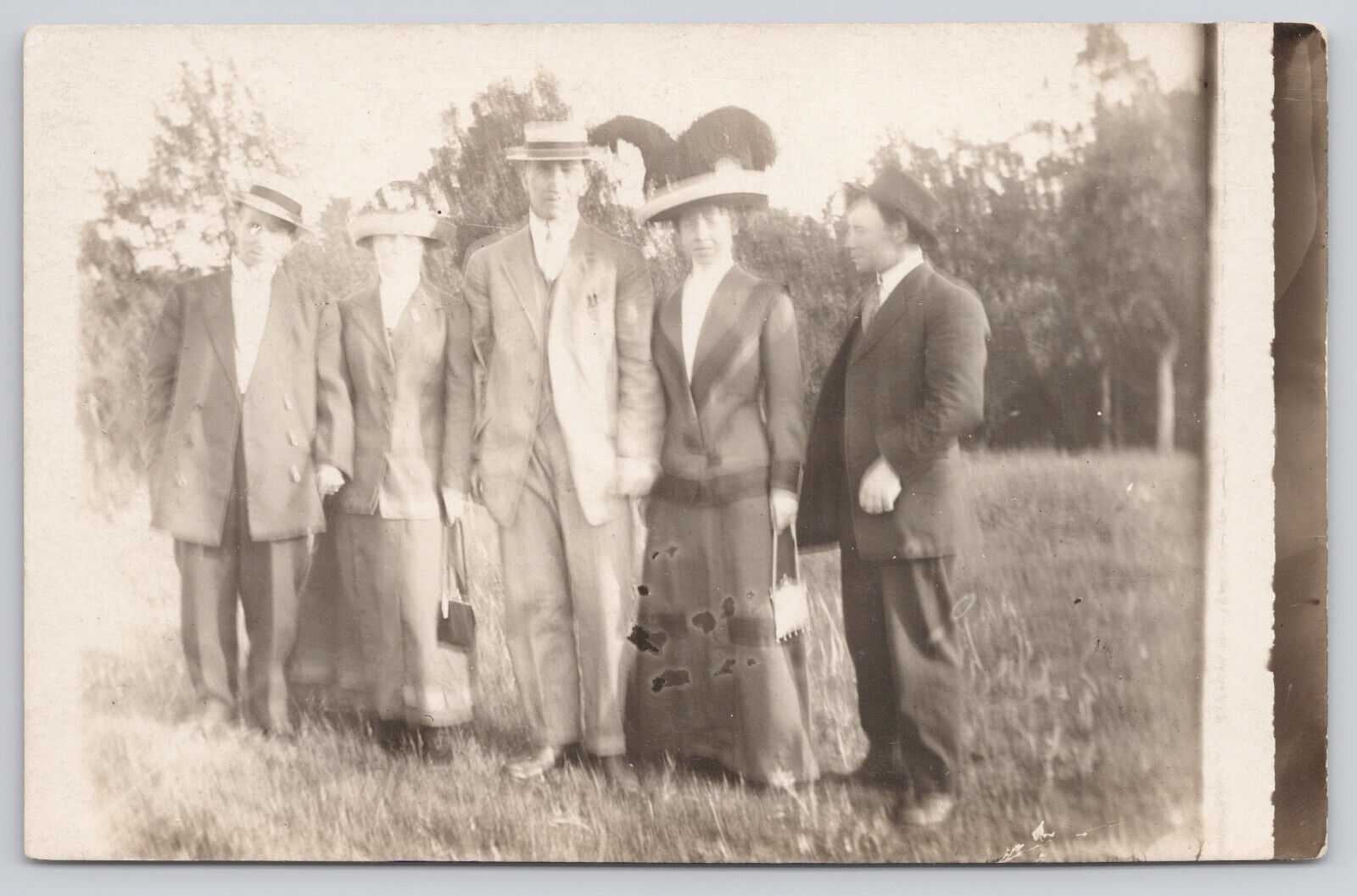 RPPC Real Photo Postcard Victorian 3 Men 2 Women Hat Feathers Suits