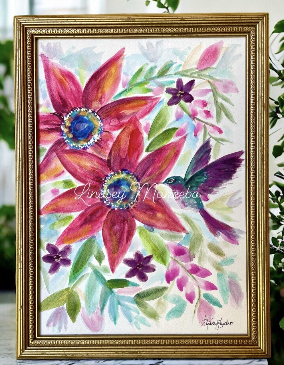 Botanical Painting, Summer Decor, Lilly Pul, Vtg Frame, Hummingbird ORIGINAL