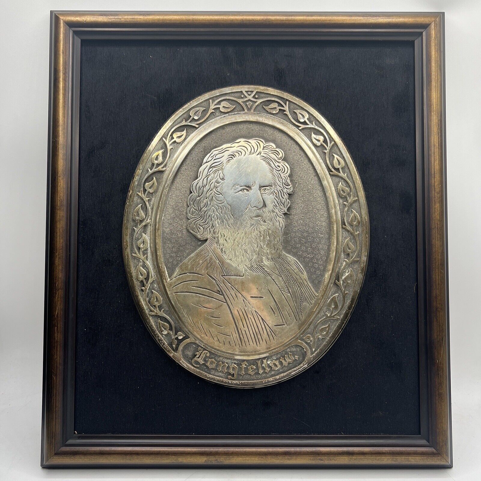 Antique Bronze Silver Framed portrait plaque Henry Wadsworth Longfellow
