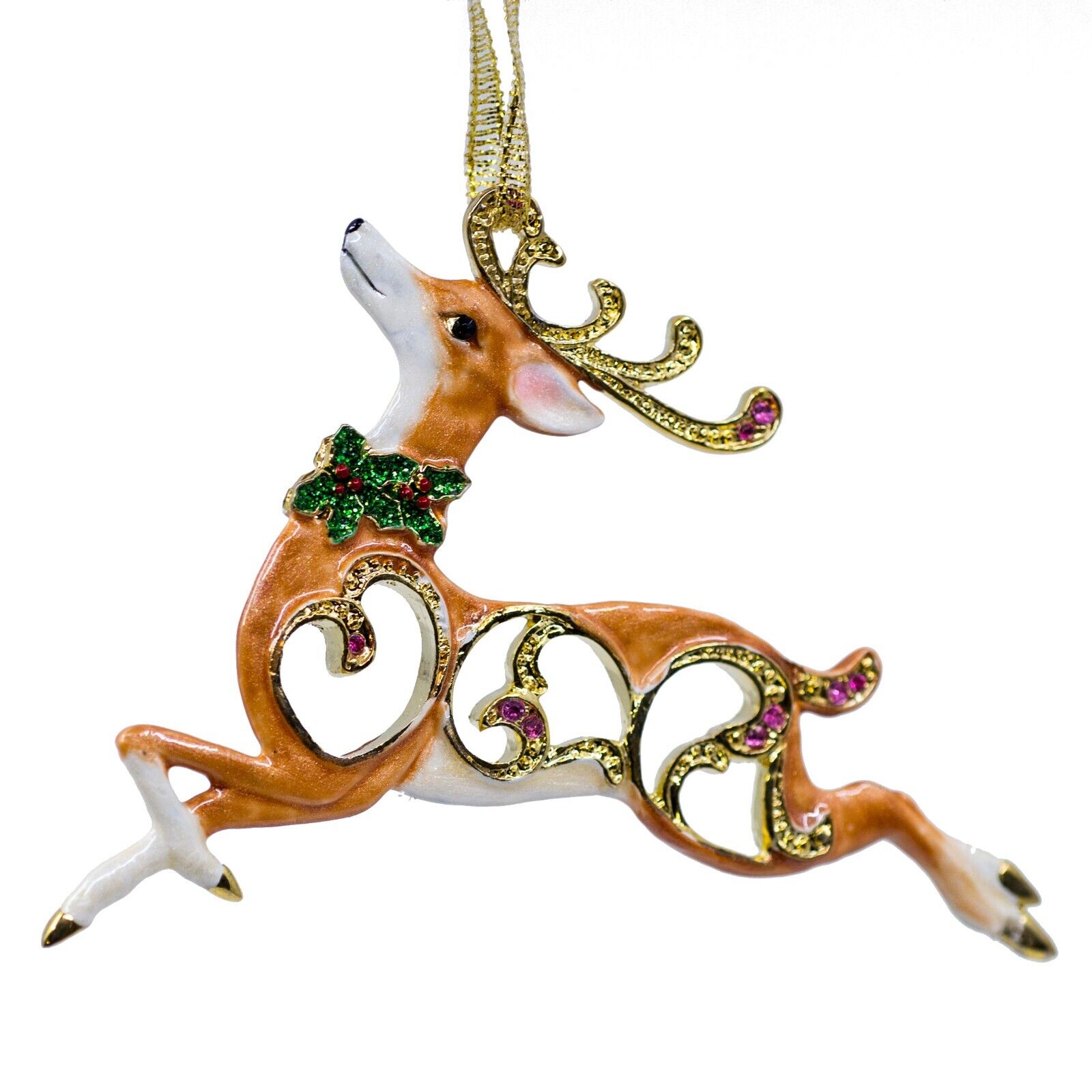 Cloisonne Enameled Metal Reindeer Ornament Double-Sided With Austrian Crystals