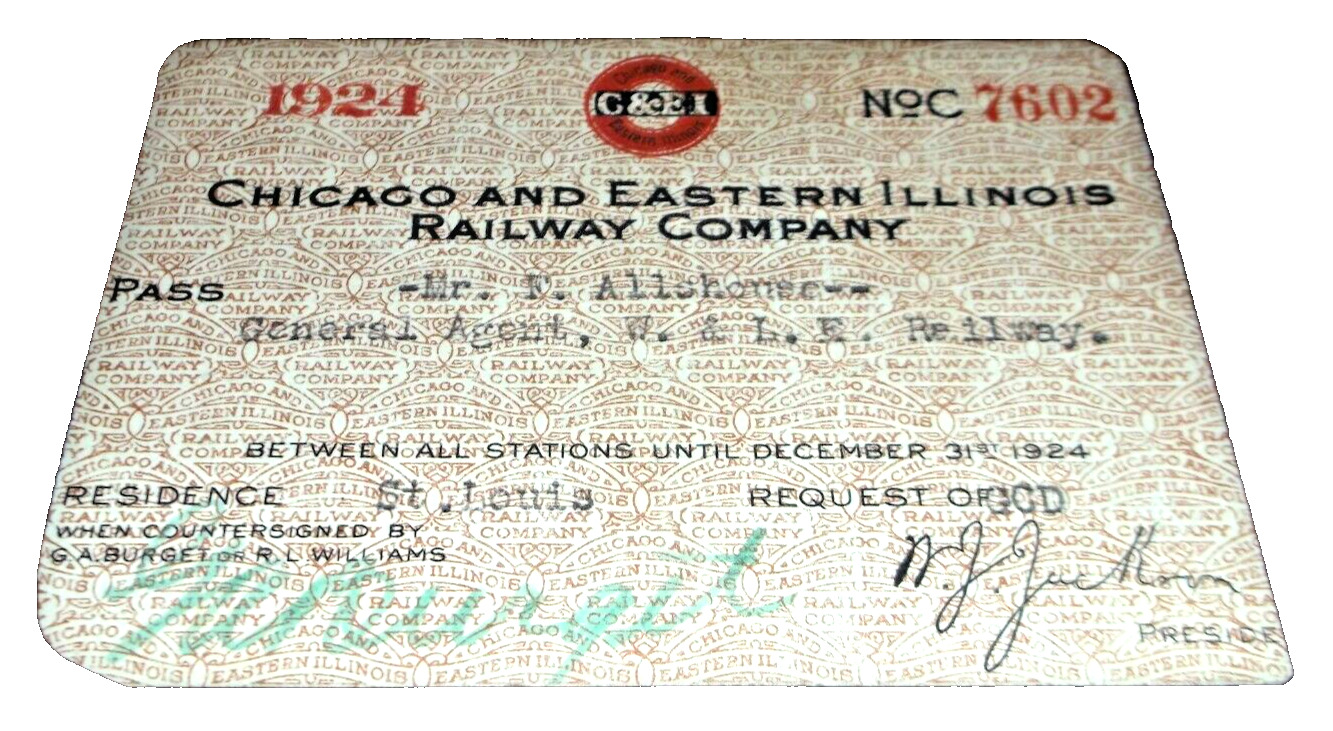1924 C&EI CHICAGO & EASTERN ILLINOIS RAILWAY EMPLOYEE PASS #7602
