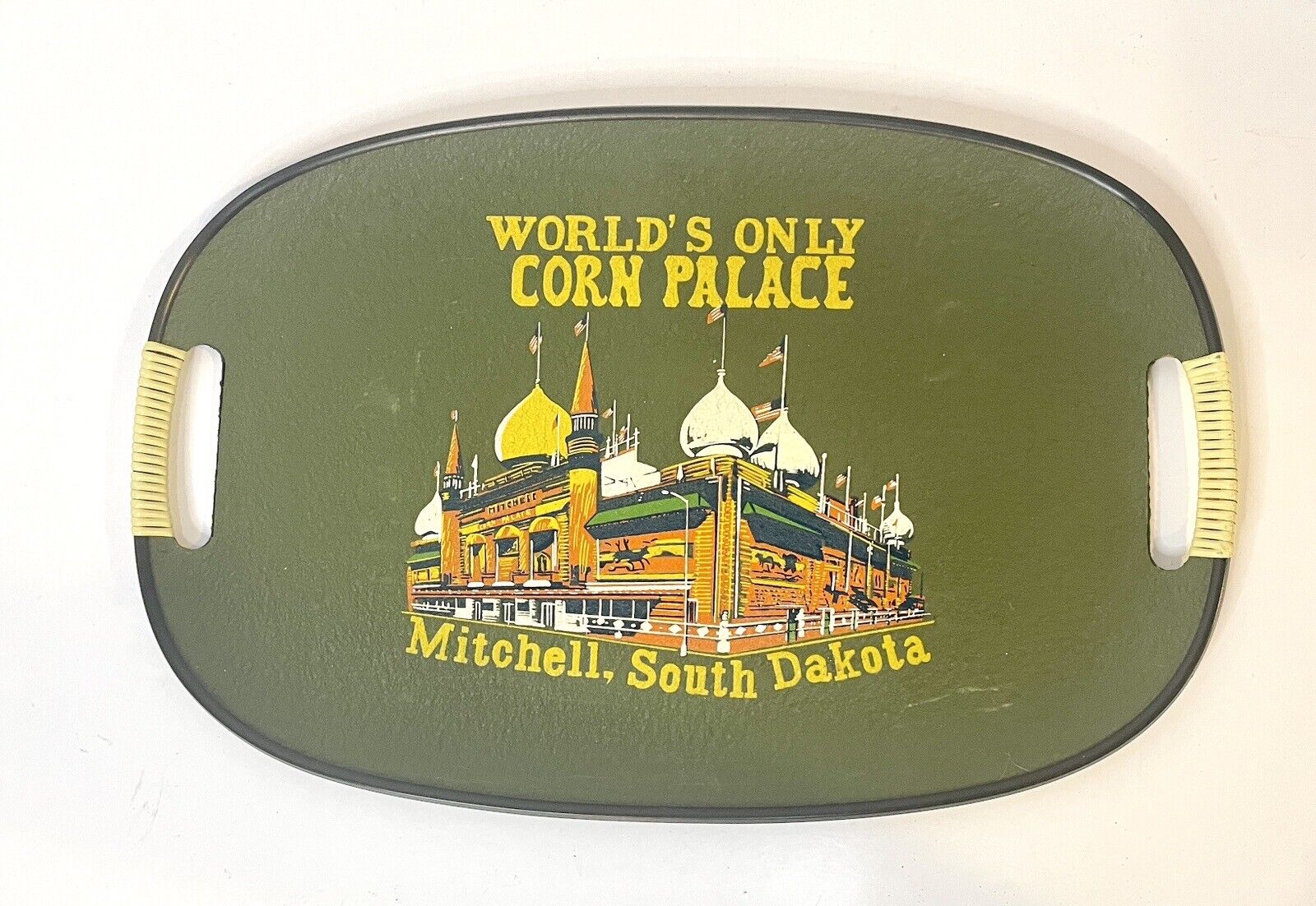 Vintage 1960-70's Corn Palace Souvenir Serving Tray, Mitchell, SD Green Handles