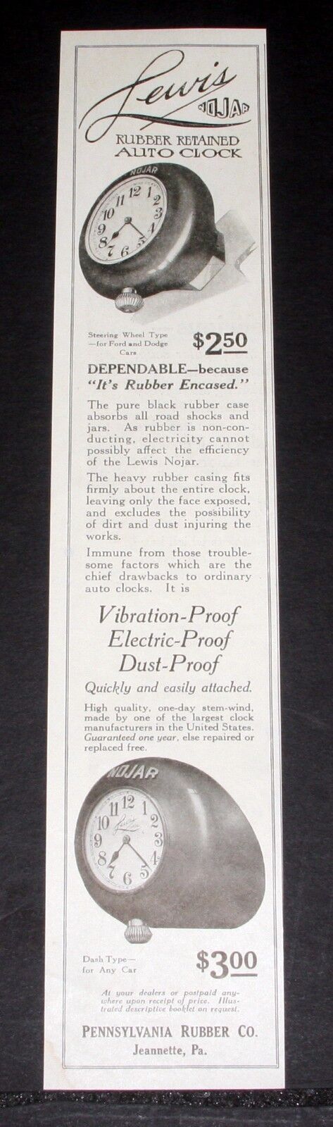 1917 OLD MAGAZINE PRINT AD, LEWIS NOJAR RUBBER RETAINED AUTO CLOCK, DEPENDABLE