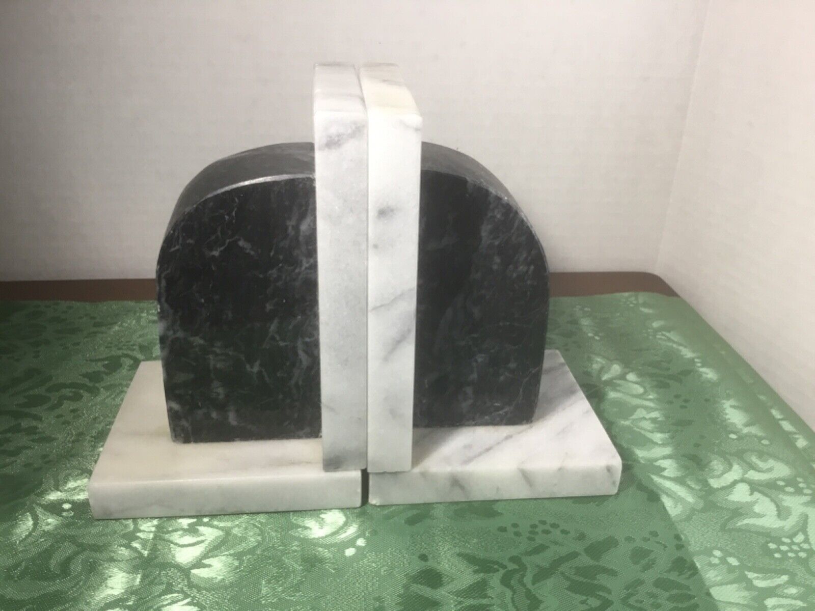 Vintage Art Deco Black Gray White Polished Marble Arch Bookends Book Ends 