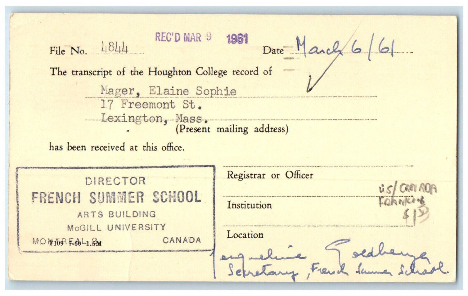 1961 Transcript of Houghton College Record of Elaine Mager Canada Postal Card
