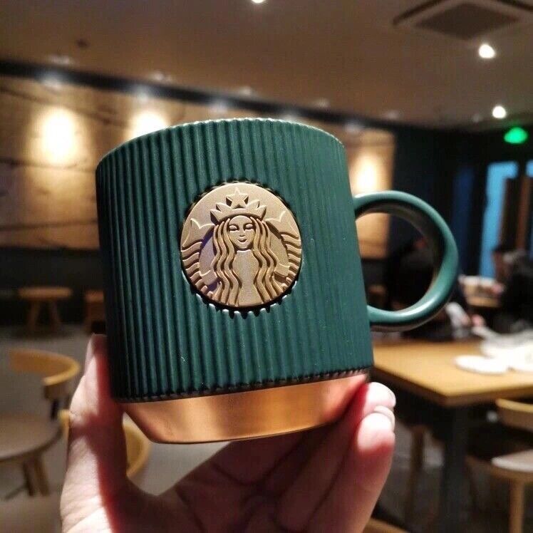 New Starbucks Cup Dark Green Goddess Striped Mug Bronze Ceramic Coffee Cup 340ml