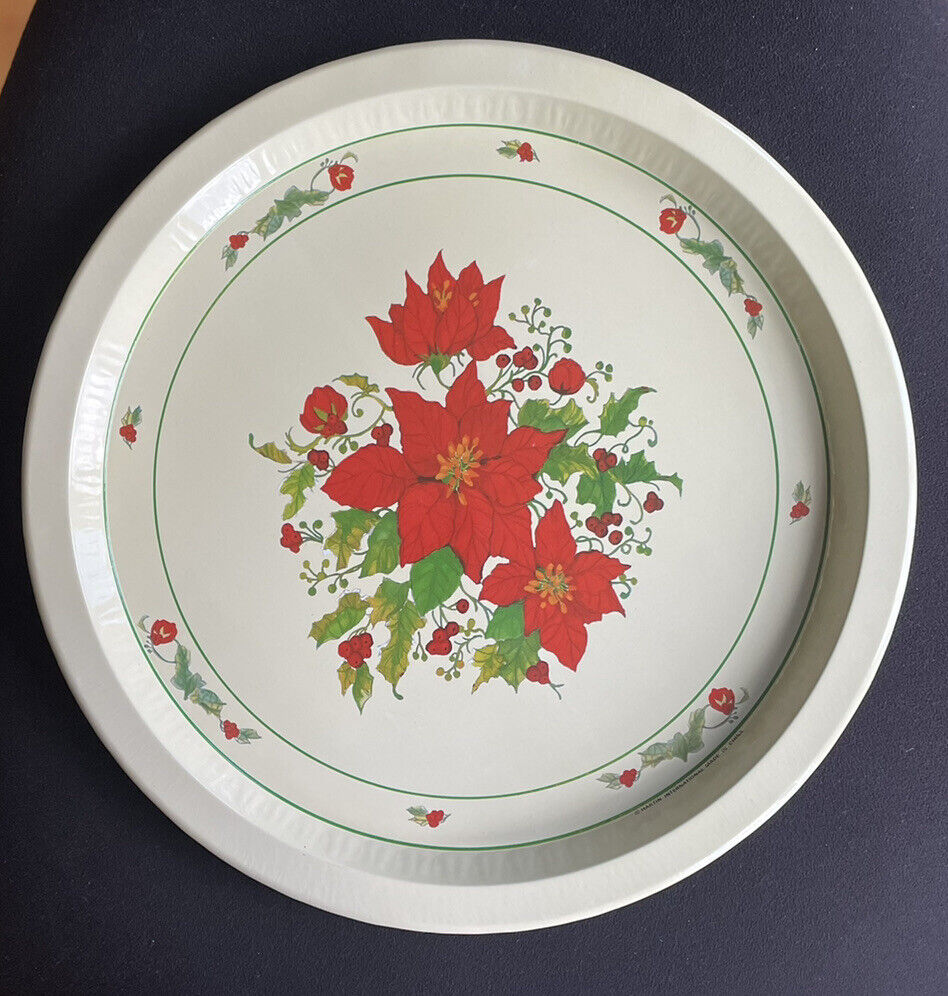 Vintage Hartin Christmas Red Poinsettia Tin Metal Serving Tray 13” Round EUC