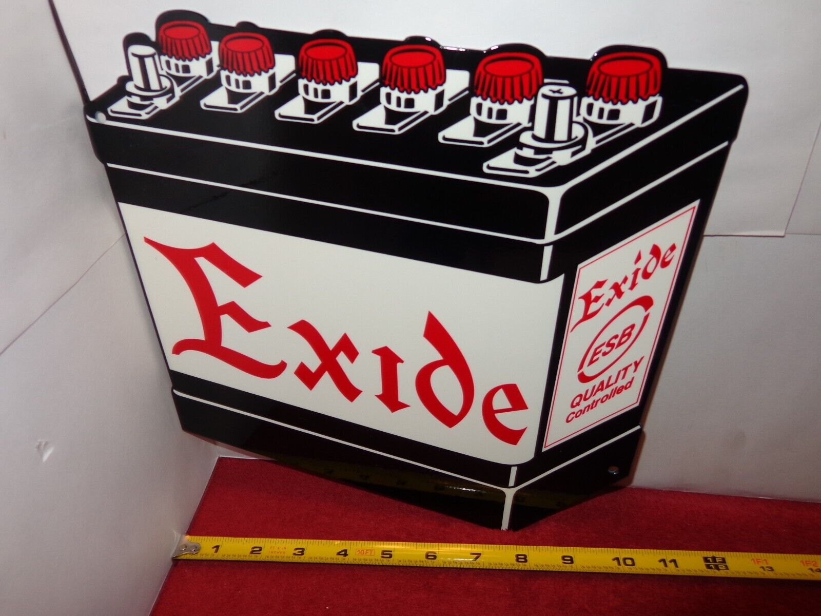 10 x 10 in EXIDE QUALITY CONTROLLED BATTERY ADV. SIGN HEAVY DIE CUT METAL # S 94